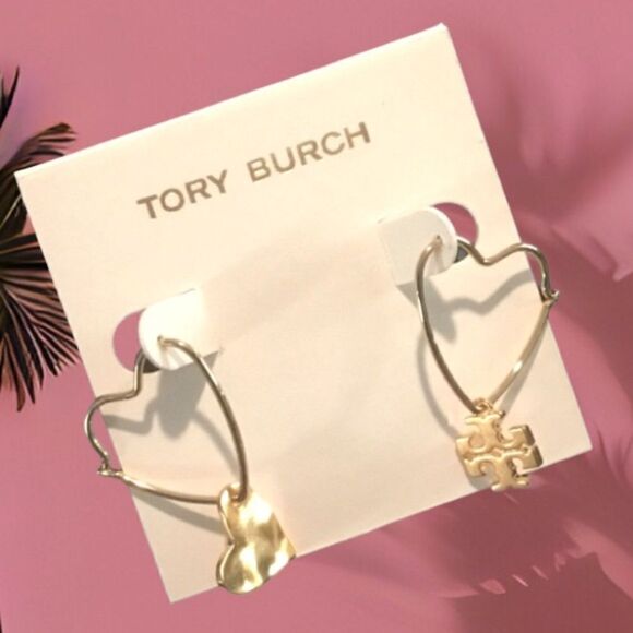TORY BURCH HEART & LOGO DROP DANGLE EARRINGS 18K GOLD PLATED - Picture 1 of 6